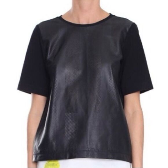 Tibi Black 100%  Leather Short Sleeve Boxy Cropped Shirt Sz M - Picture 1 of 5